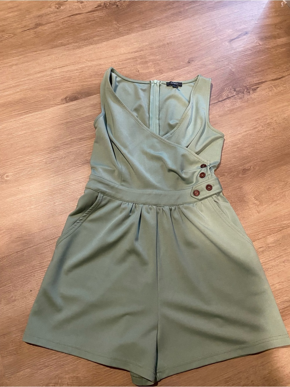 Sleeveless Olive Green Wrap Romper Dress with Button Detail